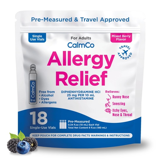 [BRSRGGTRDJ7RAADJ] CalmCo Adult Liquid Allergy Relief – Pre-Measured Vials with Diphenhydramine HCl 25mg, Allergy Medicine for Ages 12+, Antihistamine for Sneezing, Runny Nose & Itchy Eyes, Mixed Berry Flavor, 18 Count