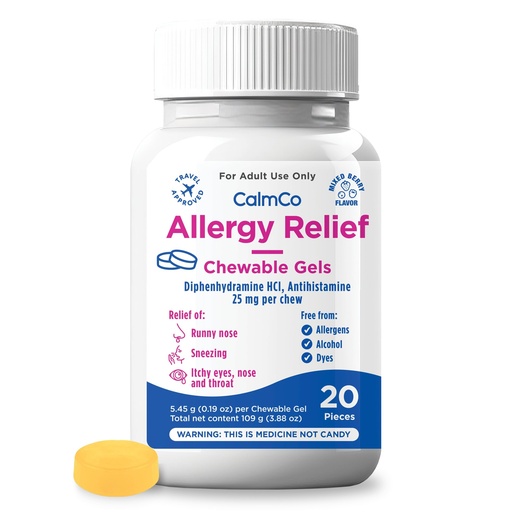 [BRSRGAALB4OREH3P] CalmCo Adult Allergy Relief with Diphenhydramine HCl 25 mg - Chewable Antihistamine for Sneezing, Runny Nose & Itchy Eyes, Nighttime Allergy Medicine for Ages 12+, Mixed Berry Flavor, 20 Count