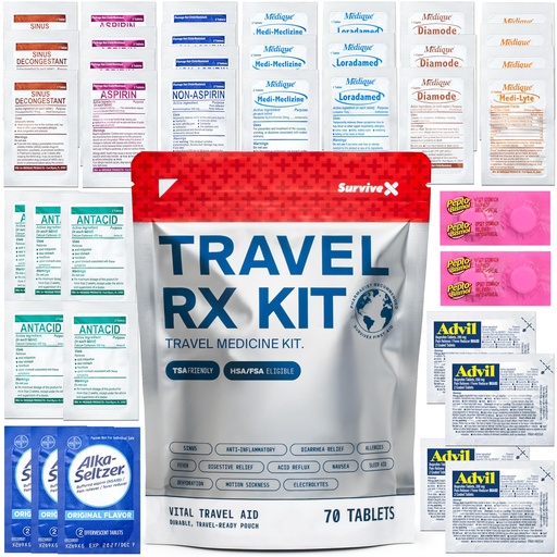 [BRSREFIDCJ5GGGY7] SurviveX Travel Medicine Kit - Compact TSA-Approved Medication Pack for Travel, Camping, Cruises - Includes Over-the-Counter Individual Medicine Packets