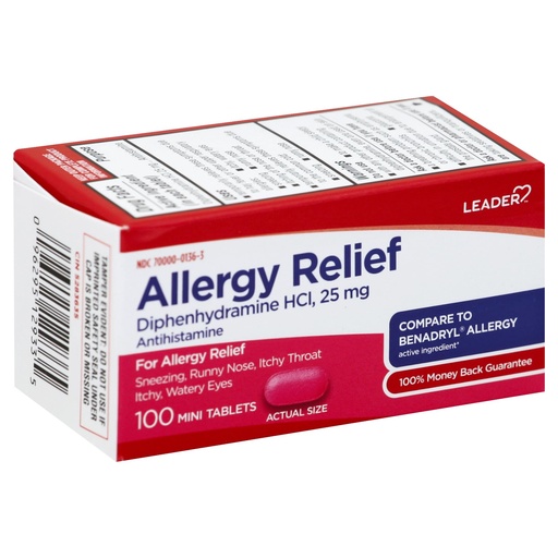 [BRSWYBI6CEFBUDTV] Leader Diphenhydramine HCl 25mg Mini Tablets, Fast-Acting Allergy Relief, Non-Prescription Antihistamine, 100 Mini Tablets