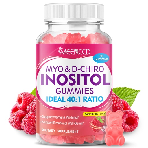 [BRSREEAOAEMGED3K] MEENCCD Myo-Inositol & D-Chiro Inositol Gummies, 40:1 Ratio Inositol with Vitamin D3, Magnesium Glycinate, Folate & Zinc, Inositol Supplement for Female Health, Raspberry Flavor, 60 Count