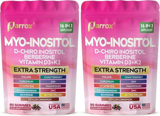 [BRSRGAYTBYCAKF34] Myo-Inositol & D-Chiro Inositol Gummies with Berberine, Vitamins D3+K2, B12, Folate, Zinc, Magnesium, Ashwagandha, Chasteberry, Bioperine, DIM - 16 in 1 Supplement - 90 Gummies (2 Pack)