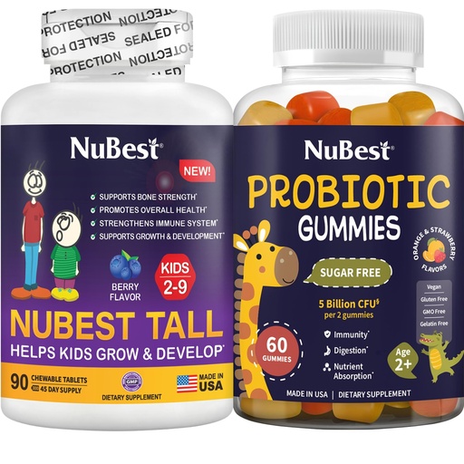 [BRSRGFIOBMBRSFLG] NuBest Bundle Tall Kids 90 Chewable Tablets with Berry Flavor & Probiotic Gummies Strawberry & Orange Gummies - Brain Growth, Healthy Growth and Digestive Support for Kids & Teens