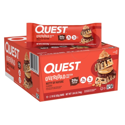 [BRSRGZAYBYMBAYI3] Quest Nutrition Overload Protein Bars, Nutty by Nature Flavored Protein Bars, 20g Protein, 1g Sugar, 3g Net Carbs, Gluten Free, 12 Count