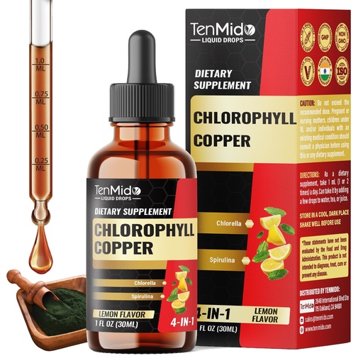 [BRSREGAPCADWKELA] 4in1 Chlorophyll Liquid Drops with Copper, Chlorella, Spirulina - Support Immune System, Digestive and Gut Health - Vegan, Non-GMO - 30 Days Supply - 1 FL Oz