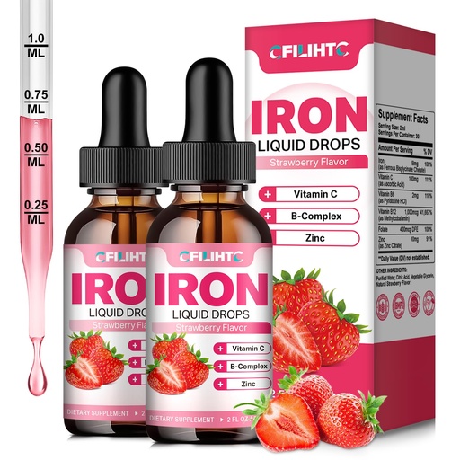[BRSRAFQ5AQCW2YI6] Liquid Iron Supplement for Women Men & Kids Multivitamin Iron Drops with Folate, Vitamin C, B6, B12, Zinc for Anemia, Iron Deficiency, Blood Builder, Energy - Natural Strawberry Flavor, Vegan 4 Fl Oz