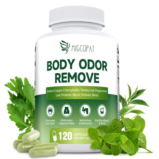 [BRSREYD5AAPR62D5] Chlorophyll Body Deodorizing Supplement, Chlorophyll Capsules with Parsley & Peppermint, Probiotic, Green Tea, Jerusalem Artichoke, Prebiotic, Supports Fresh Breath & Whole-Body Freshness, 120 Caps