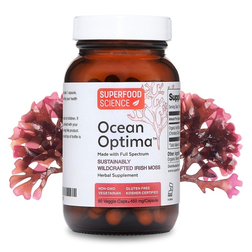 [BRSWYZIEDMIQ2YIV] Ocean Optima Organic Sea Moss Capsules (Chondrus crispus) for Skin, Nail, Hair, and Gut, Naturally Occurring Kosher Iodine for Thyroid Support, Single-Ingredient Wild Irish Seamoss, Vegan, 90 Servings