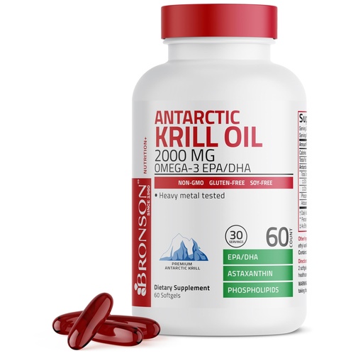 [BRSREBL4CIMGYHTL] Bronson Antarctic Krill Oil 2000mg with Omega-3s EPA, DHA, Astaxanthin and Phospholipids 60 Softgels