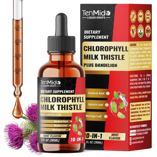 [BRSREGAPCMMBEGQU] 10in1 Chlorophyll Liquid Drops with Mullein, Milk Thistle, Dandelion, Burdock Root, Moringa, Neem, Aloe Vera, Peppermint, and Ginger - 30 Days Supply - 1 FL Oz