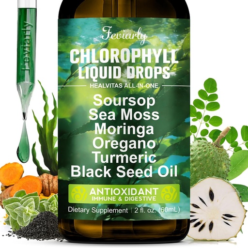 [BRSRGBINCIHQ4ALH] Chlorophyll Liquid Drops Supplement. with Natural Soursop Seaweed, Moringa, Turmeric, Black Seed Oil, Oregano, Chlorophyll, Supports Digestion&Intestinal Health, Immune Health.