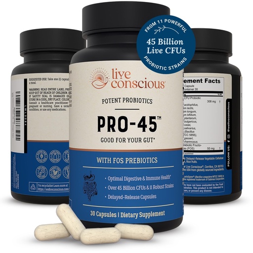 [BRSWKFA7OYMRECQ5] Live Conscious PRO45 Probiotics for Women & Men: Comprehensive Formula, 45 Billion CFU, 11 Strains, Dairy Free - w/Prebiotics and Probiotics - Promotes Immune & Gut Health - 30 Veggie Caps