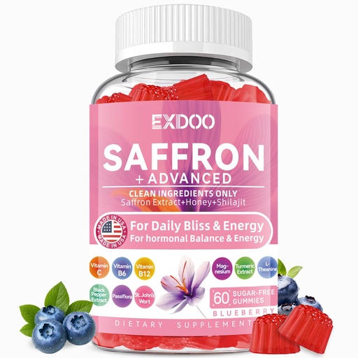 [BRSRGADQBV6WAH3B] Saffron Gummies for Women & Men | Supplements with Saffron Extract, Shilajit, Magnesium Glycinate, L-Theanine & Passion Flower | Mood & Focus Support | Vegan Berry Flavor | 60 Count
