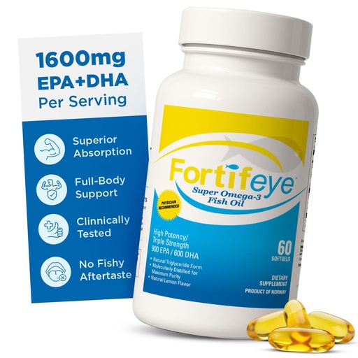 [BRSWKHD6AR5RAYDG] Fortifeye Super Omega-3 Fish Oil - 60 Count - 1600mg EPA + DHA - Triple Strength Ultra-Pure rTG Omega-3 Expertly Concentrated & Purified in Norway from Sustainably Sourced Wild Fish - Lemon Flavor