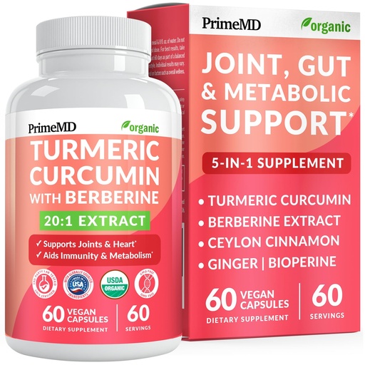 [BRSREA37OQMRMHTL] 5-in-1 Organic Turmeric Curcumin Supplement (230mg) with Berberine, Ceylon Cinnamon Bioperine and Ginger Supplements for Mobility, Digestion & Wellness Support, USDA Organic (60 Count, Pack of 1)