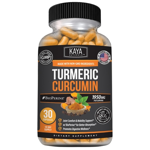 [BRSRMZAOCN4BUADX] Kaya Naturals Turmeric with Bioperine - Mobility Support with 95% Standardized Curcuminoids - Curcumin - 1300mg Turmeric Capsules - 30 Capsules