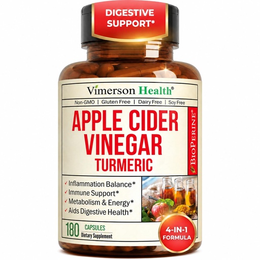[BRSREZL5BYMGGE3V] Organic Apple Cider Vinegar Capsules – Turmeric and Apple Cider Vinegar, Ginger Root + Bioperine for Max Absorption – Aids Metabolism, Energy & Inflammation Balance – Tumeric ACV Capsules - 180 Count