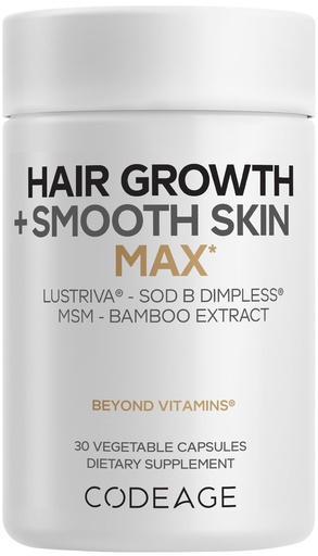 [BRSREEILAAMW2HTO] Codeage Hair Growth + Smooth Skin Max Vitamins Supplement - Patented Lustriva & SOD B Dimpless Superoxide Dismutase - Hair Growth Health Skin Cellulite Support - Biotin, Vitamin C, MSM - 30 Capsules