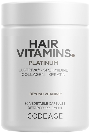[BRSREHQ6OUNR6HT3] Codeage Hair Vitamins Platinum - Lustriva Hair Growth Support, Spermidine, AstraGin, Biotin, Keratin, Collagen, Enzymes, Omega-3, Multivitamins, Probiotics – Healthy Hair Supplement - 90 Capsules