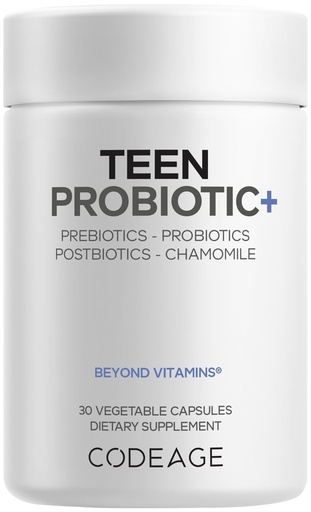 [BRSRGAQFDENG23LV] Codeage Teen Probiotic+ Supplement - 25 Billion CFU Probiotic Blend with Prebiotics, Postbiotics & Chamomile - Gut & Digestion Support for Teens and Teenagers 12 & Up - Non-GMO- 30 Capsules