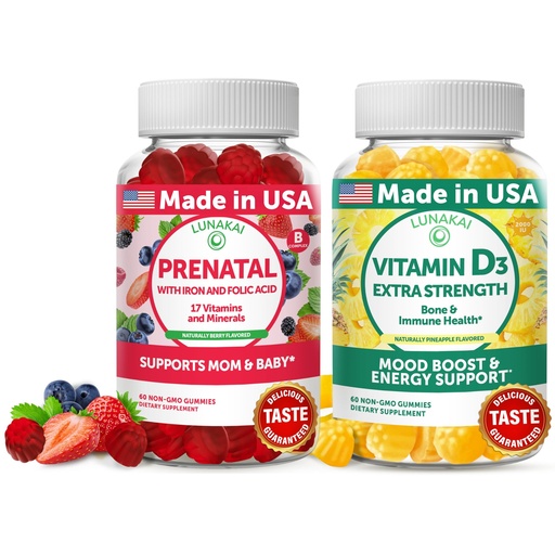 [BRSRMGQTCMDWMH3U] Lunakai USA Made 17-in-1 Prenatal Vitamins and Vitamin D3 Gummies Bundle – Delicious Daily Prenatal Gummies for Maternal Wellness Support, 60ct Each