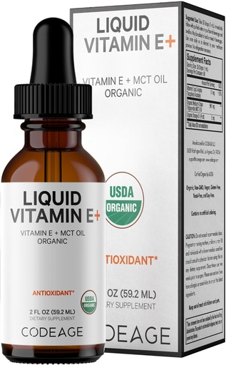 [BRSROHAOO4AQO2Q3] Codeage Liquid Vitamin E+ - USDA-Certified Organic Vitamin E - 2-Month Supply - D-Alpha Tocopherol Acetate, Organic MCT Oil, Orange Fruit Oil, Unflavored, Non-GMO, Vegan, Gluten-Free, 2 fl oz