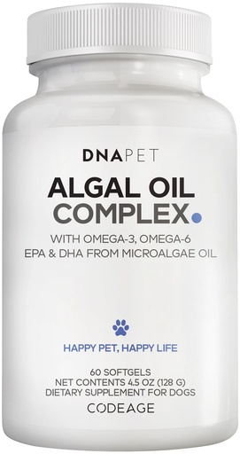 [BRSRGGAEAAGQG3YY] DNA PET Algal Oil Complex for Dogs – Omega 3 & 6 Fatty Acids with EPA & DHA from Microalgae – Fish-Free Omega Oil Supplement for Dogs – All Breeds – 60 Softgels