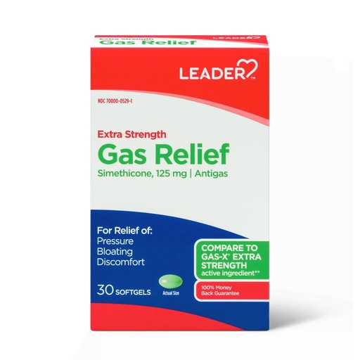 [BRSWYBIRPICBMFLU] Leader Gas Relief Simethicone 125mg, Antigas Softgels, Relieves from Stomach Discomfort and Gas, Anti Flatulence, Fast Bloating Relief, 30 Softgels