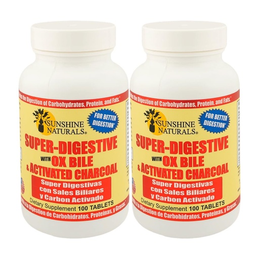 [BRSROAA3CQNBMHTK] Sunshine Naturals Super Digestive Supplement. Ox Bile & Activated Charcoal for Digestive Support, Bloating Relief, Gut Cleanse, Nutrient Absorption, and Overall Wellness. 100 Tablets. Pack of 2