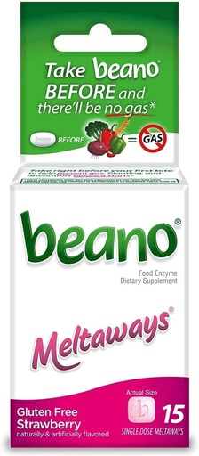 [BRSWKGYIBJ6AA2TK] Beano Meltaways | Gas Prevention & Bloating Relief | Strawberry Flavor | 15 Count | Pack of 3
