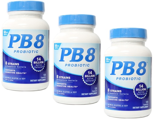 [BRSRAZYCCABB6F3V] PB8 Probiotic - 3 Pack - 120 Capsules Per Bottle - Supports Digestive Health - 14 Billion CFU - 8 Beneficial Strains - No Milk, Gluten, or Soy