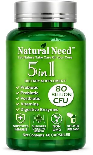 [BRSREHYBDN7QMADL] NATURAL NEED™ Gut Health – 5-in-1 Formula with Probiotics, Prebiotics, Postbiotics, Enzymes & Vitamins (C,D3,B12,Zinc) – Delayed Release Capsule – Supports Overall Digestion, Immunity & Gut – 60 Vegan