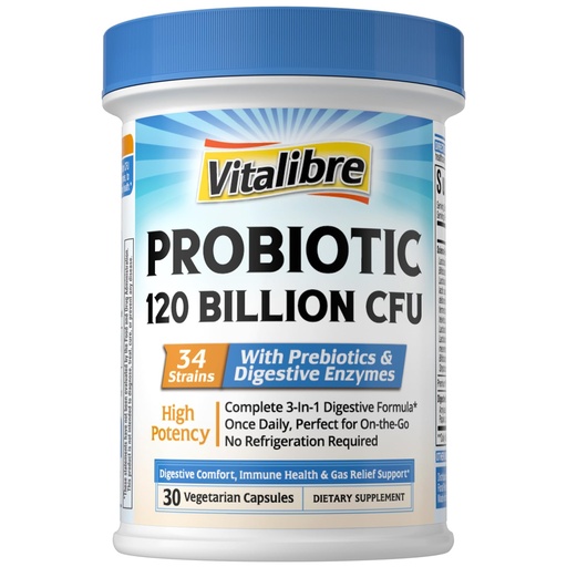 [BRSRACAECUHBOFAV] Vitalibre Probiotics for Women and Men, 120 Billion CFU 34 Strains, with Digestive Enzymes & Prebiotics, No Gluten, Gut Health, Digestive Health, Bloat Relief, 30 Vegetarian Capsules