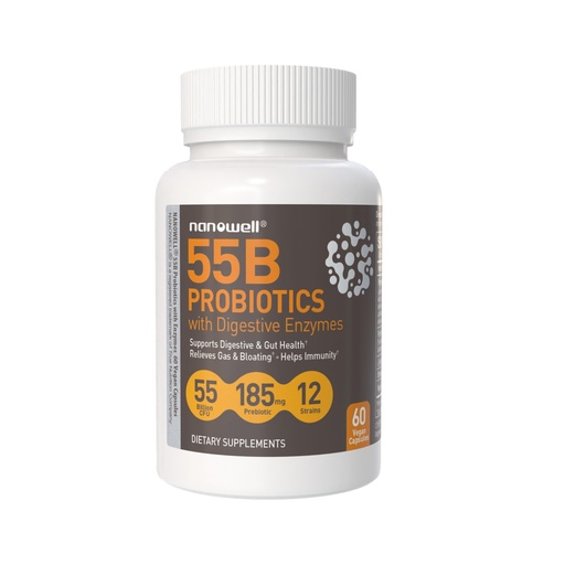 [BRSRABQLC5YGY2DV] NANOWELL 55B Probiotics with Digestive Enzymes for Immune Support & Gut Health - 55 Billion CFU, 12 Strain, 185 mg Prebiotic - Relieves Gas & Bloating - 60 Vegan Capsules, 60 Day Supply