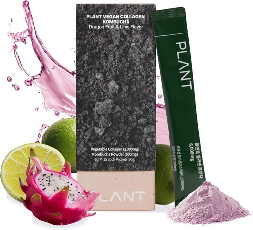 [BRSRAZY6C56BY33D] PLANT Vegan Collagen Peptide, Kombucha Powder, Probioitics, Vitamin C | 2000mg Tripeptide Vegetarian Collagen Booster, Dragonfruit Lime |15 Packets, Gut & Skin Health Anti-Aging Hydration Drink Mix