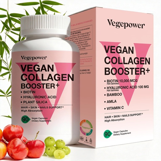 [BRSRGFACBN5WECLK] Vegan Collagen Booster with Biotin 10,000 mcg, Hyaluronic Acid, Bamboo Silica, Vitamin C & Zinc, Plant Based Hair Skin & Nails Support for Women & Men, 90 Vegan Capsules