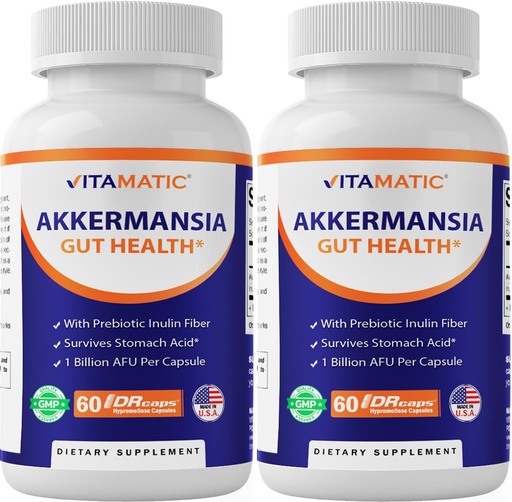[BRSRE2Q2OVYBG2Y3] Vitamatic Akkermansia Muciniphila Gut Health - 60 DR Capsules (Delayed Released) - Made with Prebiotic Inulin Fiber - 2 Pack (120 DR Caps)