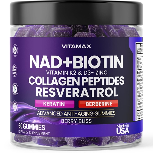 [BRSRAGAKBN6GMG34] NAD+, Resveratrol, Berberine, & Biotin Anti-Aging Gummy - Hair, Skin, Nails & Joint Supplement - Collagen Peptides, Keratin, Zinc, Vitamin K2 & D3 Gummies -Regeneration- Non-GMO - Made in USA 60 Count