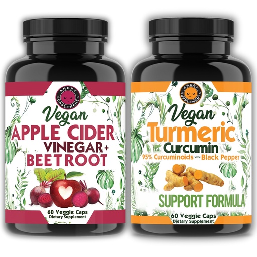 [BRSREAL6DEBRGHQV] Angry Supplements Vegan Apple Cider Vinegar + Beet Root 60ct & Vegetarian Turmeric Curcumin 60ct- Plant Based Veggie Capsules for Men + Women (2pk-120ct)