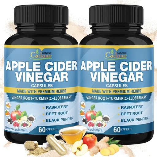 [BRSW2CQRBVYRMF37] Organic Cadane 2 Packs Apple Cider Vinegar Extract Capsules, 4 Months Supply & Ginger, Turmeric Curcumin, Elderberry, Raspberry, Beet Root, Pepper | Immune System, Digestion Supports