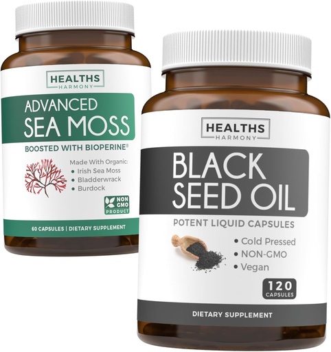 [BRSROFDRDECGAE37] Black Seed & Sea Moss (1-Month Supply) Nourishing Nature Bundle of Black Seed Oil 120 Softgel Capsules (Non-GMO & Vegan) Cold-Pressed Nigella Sativa & Irish Sea Moss Capsules (Non-GMO & Organic)