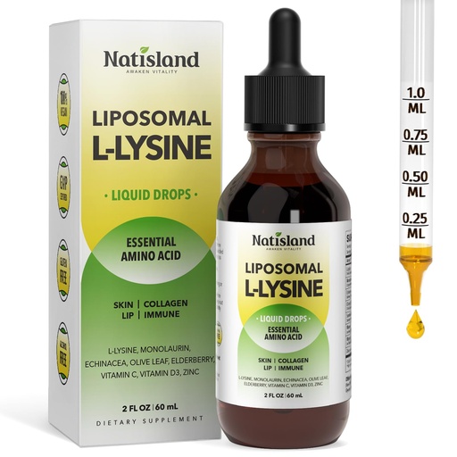 [BRSRGZQ3OZ5RAEY2] Liposomal L-lysine Monolaurin Liquid Drops, Lysine 1000MG Supplement for Adults & Kids, Echinacea & Elderberry with Vitamin C & D3, Zinc, for Lip & Skin Health, Collagen & Immune Support, 2 Fl Oz