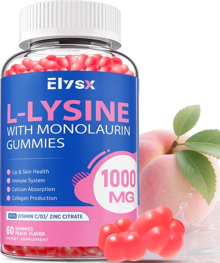 [BRSREYIKCVYWM2T6] L-Lysine Gummies 1000mg, Sugar-Free Chewable Lysine with Monolaurin Supplement for Adults & Kids, Lips & Oral Health, Immune & Overall Health, Natural Peach Flavor, 60 Count