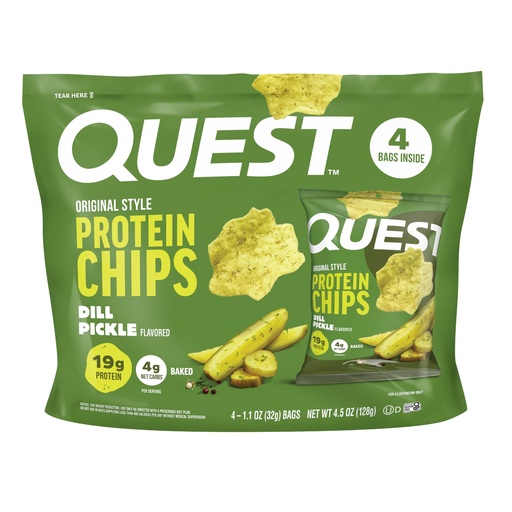 [BRSRGAL6O54GO3QV] Quest Nutrition Dill Pickle Flavored Protein Chips, 19g Protein, 4g Net Carbs, Protein Snacks, Gluten Free, 4 Count