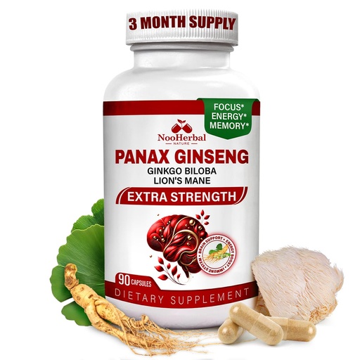 [BRSRACYNC5YQIET2] Panax Ginseng (10% Ginsenosides), Ginkgo Biloba & Lions Mane - 750mg - Nootropic Brain Supplements for Memory and Focus, Clarity, Energy - 90 Vegan Capsules, Non-GMO