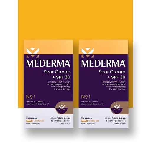 [BRSW2CYECUCA4YDA] Mederma Scar Cream Plus SPF 30 - Advanced Scar Treatment, Protects from Sun Damage, Reduces Appearance of Scars from Acne, Burns, Surgery & Injury, 40 Grams, (2 x 20g)