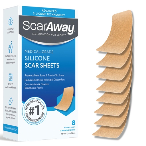 [BRSROGI6BUGRQHI6] ScarAway Advanced Silicone Scar Sheets, Medical Grade Silicone Strips (1.5" x 3") Scar Treatment & Prevention for Surgical, Burn, Body, Hypertrophic & Keloid Scars Treatment, 8 Tan Reusable Sheets