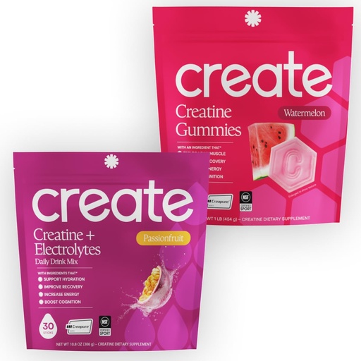 [BRSRGCYOAR6AEFDB] Create Mother's Day Bundle - Creatine Gummies (Watermelon, 90ct) & Creatine + Electrolytes Stick Packs (Passion Fruit, 30ct), NSF Certified, Made with Creapure, Energy & Hydration for Moms