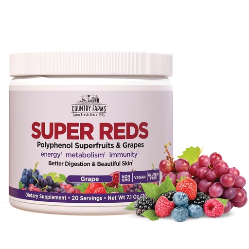 [BRSREZQTOADWEEY2] Country Farms Super Reds, Energizing Polyphenol Superfood, 40 Super Fruits and Berries, Powerful Antioxidants and Polyphenols, Supports Energy and Immunity, 20 Servings, Grape Flavor
