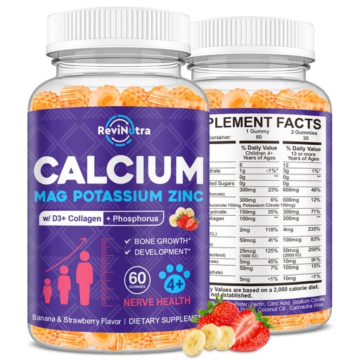 [BRSREZA5BB5G2F3L] Calcium Potassium Magnesium Gummies for Kids & Adults, Magnesium Potassium Calcium Supplement for Kids, Sleep, Bone Strength, Density Support, Sugar Free, Juice Banana & Strawberry Flavor, 60 Gummies
